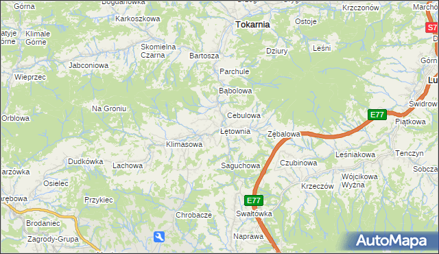 mapa Łętownia gmina Jordanów, Łętownia gmina Jordanów na mapie Targeo