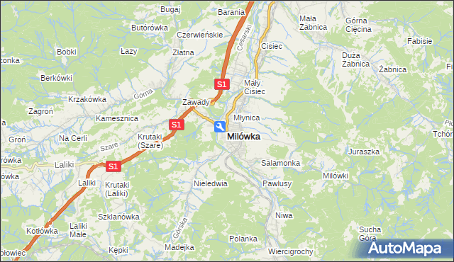 mapa Milówka powiat żywiecki, Milówka powiat żywiecki na mapie Targeo