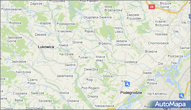 mapa Mokra Wieś gmina Podegrodzie, Mokra Wieś gmina Podegrodzie na mapie Targeo