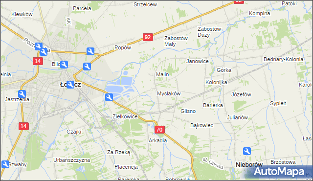 mapa Mysłaków gmina Nieborów, Mysłaków gmina Nieborów na mapie Targeo