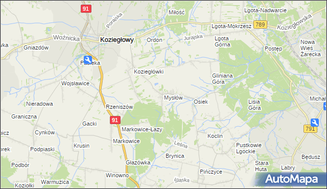 mapa Mysłów gmina Koziegłowy, Mysłów gmina Koziegłowy na mapie Targeo
