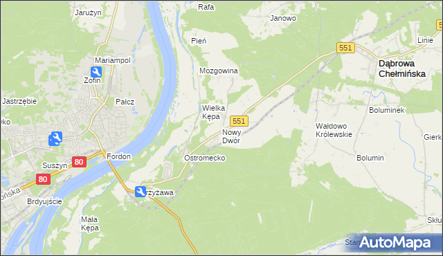 mapa Nowy Dwór gmina Dąbrowa Chełmińska, Nowy Dwór gmina Dąbrowa Chełmińska na mapie Targeo