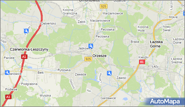 mapa Orzesze powiat mikołowski, Orzesze powiat mikołowski na mapie Targeo