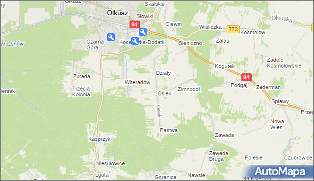 mapa Osiek gmina Olkusz, Osiek gmina Olkusz na mapie Targeo