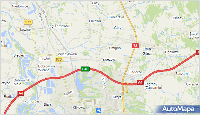 mapa Pawęzów gmina Lisia Góra, Pawęzów gmina Lisia Góra na mapie Targeo