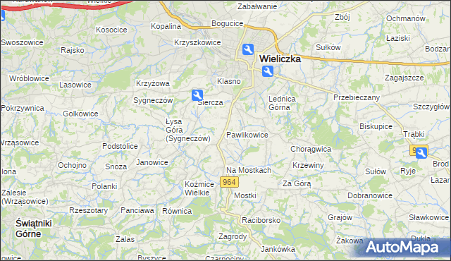 mapa Pawlikowice gmina Wieliczka, Pawlikowice gmina Wieliczka na mapie Targeo