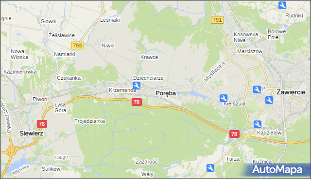 mapa Poręba powiat zawierciański, Poręba powiat zawierciański na mapie Targeo