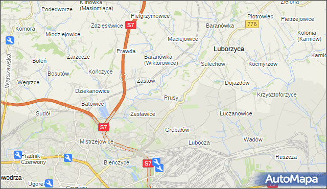 mapa Prusy gmina Kocmyrzów-Luborzyca, Prusy gmina Kocmyrzów-Luborzyca na mapie Targeo