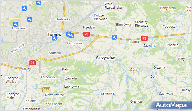 mapa Skrzyszów powiat tarnowski, Skrzyszów powiat tarnowski na mapie Targeo