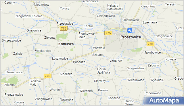 mapa Szklana gmina Proszowice, Szklana gmina Proszowice na mapie Targeo