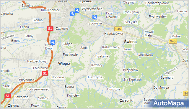 mapa Trzebinia gmina Świnna, Trzebinia gmina Świnna na mapie Targeo