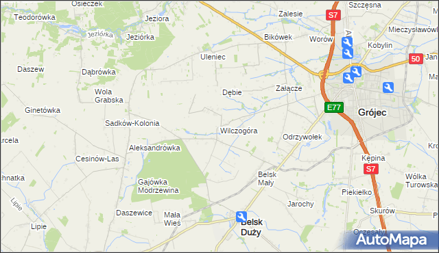 mapa Wilczogóra gmina Belsk Duży, Wilczogóra gmina Belsk Duży na mapie Targeo