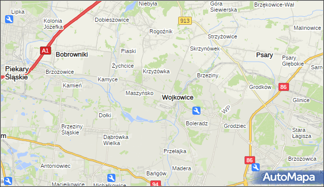 mapa Wojkowice powiat będziński, Wojkowice powiat będziński na mapie Targeo