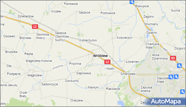 mapa Wróblew powiat sieradzki, Wróblew powiat sieradzki na mapie Targeo