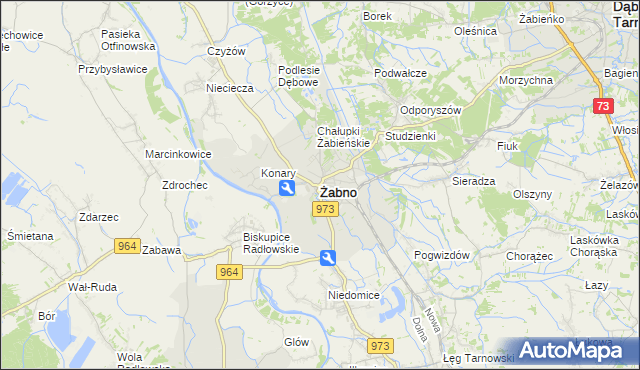 mapa Żabno powiat tarnowski, Żabno powiat tarnowski na mapie Targeo