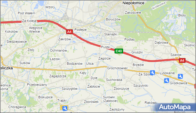 mapa Zagórze gmina Niepołomice, Zagórze gmina Niepołomice na mapie Targeo