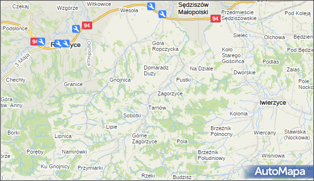 mapa Zagorzyce gmina Sędziszów Małopolski, Zagorzyce gmina Sędziszów Małopolski na mapie Targeo