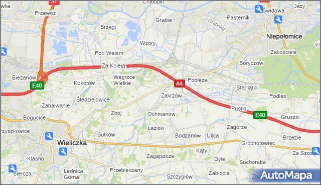 mapa Zakrzów gmina Niepołomice, Zakrzów gmina Niepołomice na mapie Targeo