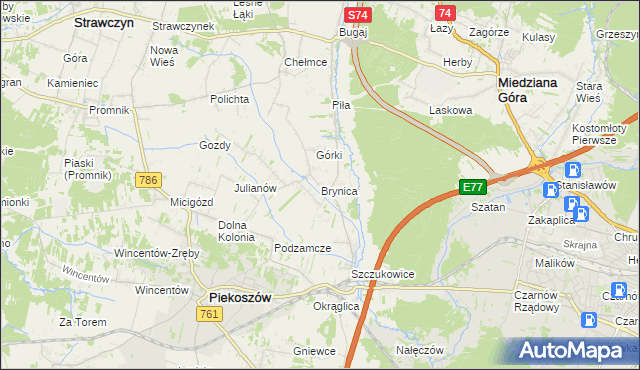 mapa Brynica gmina Piekoszów, Brynica gmina Piekoszów na mapie Targeo