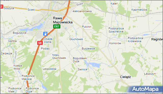mapa Byszewice gmina Rawa Mazowiecka, Byszewice gmina Rawa Mazowiecka na mapie Targeo