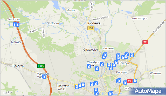 mapa Chwalęcice gmina Kłodawa, Chwalęcice gmina Kłodawa na mapie Targeo