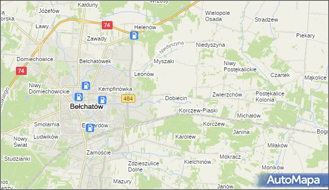 mapa Dobiecin gmina Bełchatów, Dobiecin gmina Bełchatów na mapie Targeo