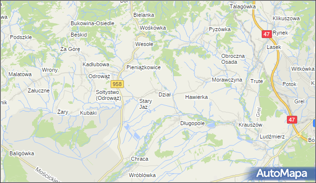 mapa Dział gmina Czarny Dunajec, Dział gmina Czarny Dunajec na mapie Targeo