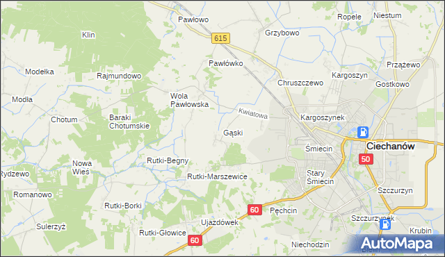mapa Gąski gmina Ciechanów, Gąski gmina Ciechanów na mapie Targeo