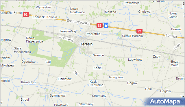 mapa Granice gmina Teresin, Granice gmina Teresin na mapie Targeo
