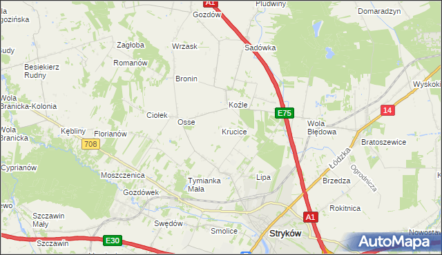 mapa Krucice gmina Stryków, Krucice gmina Stryków na mapie Targeo