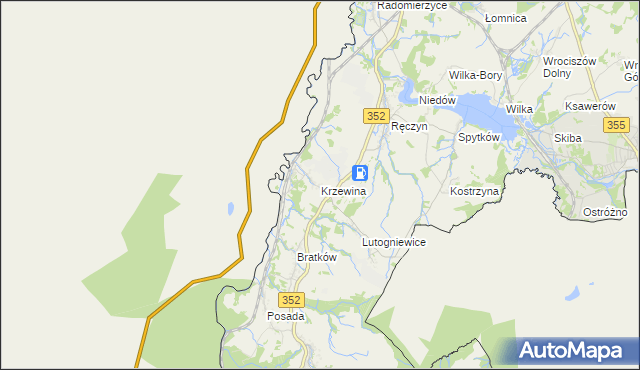 mapa Krzewina gmina Bogatynia, Krzewina gmina Bogatynia na mapie Targeo