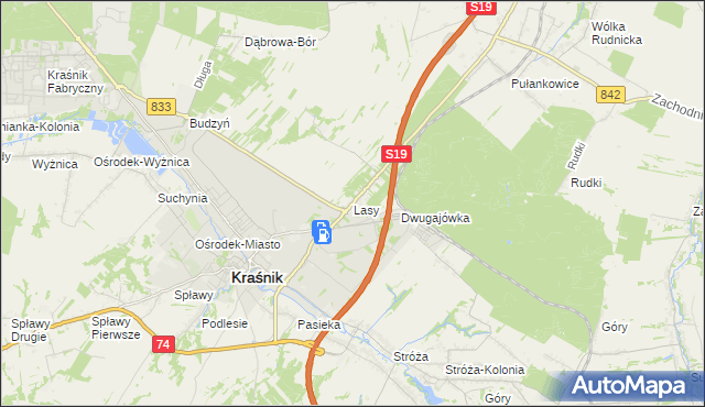 mapa Lasy gmina Kraśnik, Lasy gmina Kraśnik na mapie Targeo