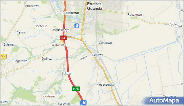 mapa Łęgowo gmina Pruszcz Gdański, Łęgowo gmina Pruszcz Gdański na mapie Targeo