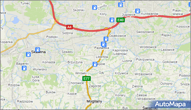 mapa Libertów gmina Mogilany, Libertów gmina Mogilany na mapie Targeo