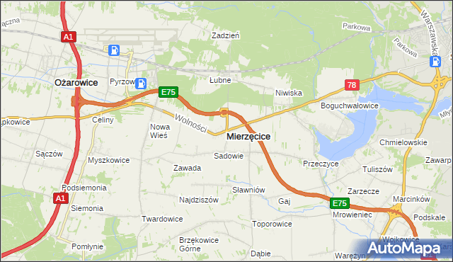 mapa Mierzęcice, Mierzęcice na mapie Targeo