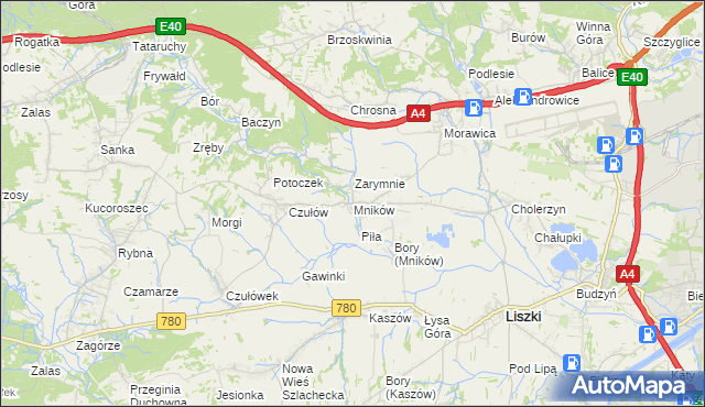 mapa Mników gmina Liszki, Mników gmina Liszki na mapie Targeo