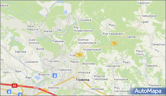 mapa Myślachowice, Myślachowice na mapie Targeo