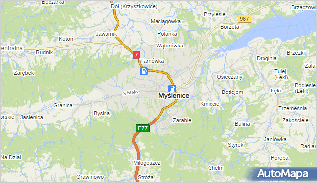 mapa Myślenice, Myślenice na mapie Targeo