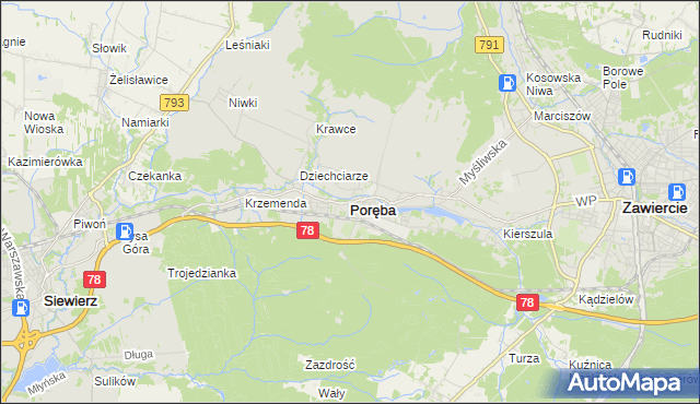 mapa Poręba powiat zawierciański, Poręba powiat zawierciański na mapie Targeo