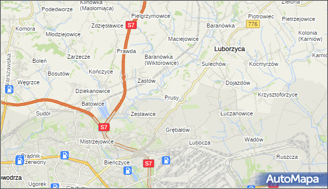 mapa Prusy gmina Kocmyrzów-Luborzyca, Prusy gmina Kocmyrzów-Luborzyca na mapie Targeo