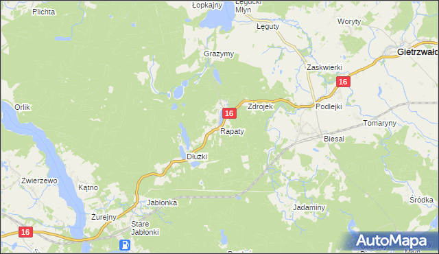 mapa Rapaty gmina Gietrzwałd, Rapaty gmina Gietrzwałd na mapie Targeo