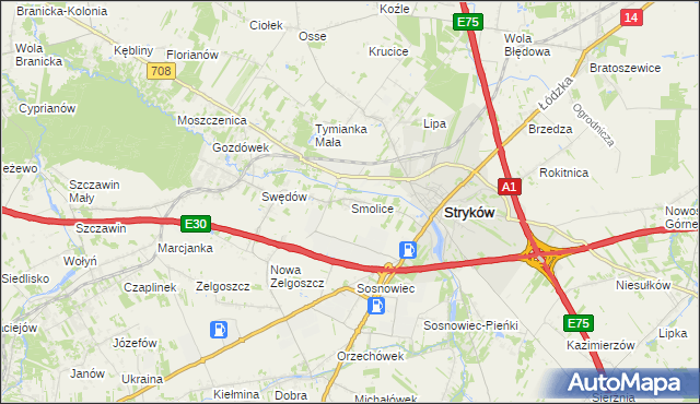 mapa Smolice gmina Stryków, Smolice gmina Stryków na mapie Targeo