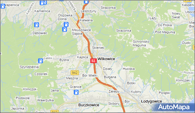 mapa Wilkowice powiat bielski, Wilkowice powiat bielski na mapie Targeo