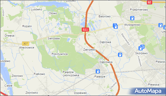mapa Zakrzewo gmina Dopiewo, Zakrzewo gmina Dopiewo na mapie Targeo
