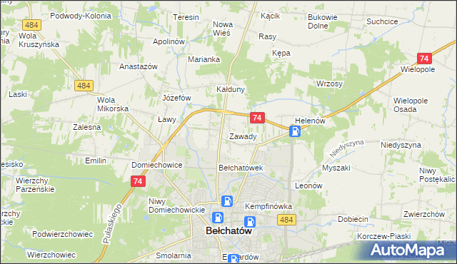 mapa Zawady gmina Bełchatów, Zawady gmina Bełchatów na mapie Targeo