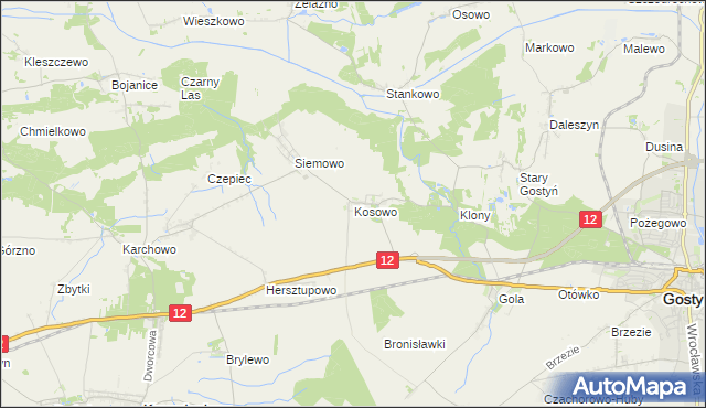 mapa Kosowo gmina Gostyń, Kosowo gmina Gostyń na mapie Targeo