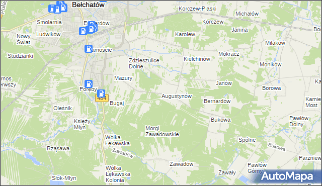 mapa Augustynów gmina Bełchatów, Augustynów gmina Bełchatów na mapie Targeo