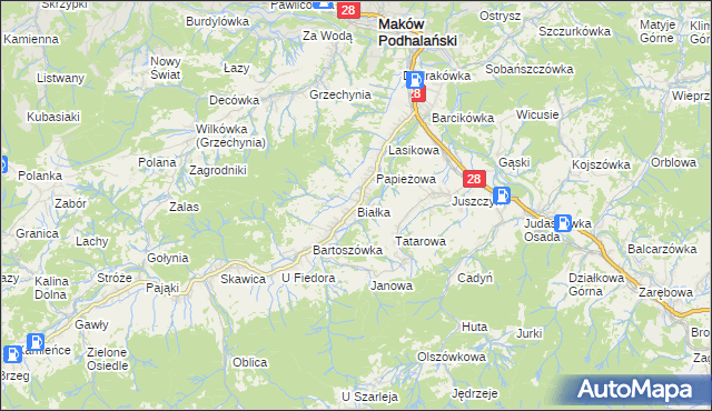 mapa Białka gmina Maków Podhalański, Białka gmina Maków Podhalański na mapie Targeo