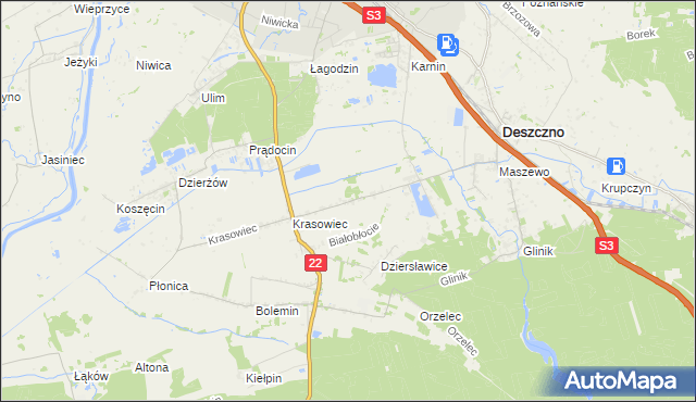 mapa Białobłocie gmina Deszczno, Białobłocie gmina Deszczno na mapie Targeo