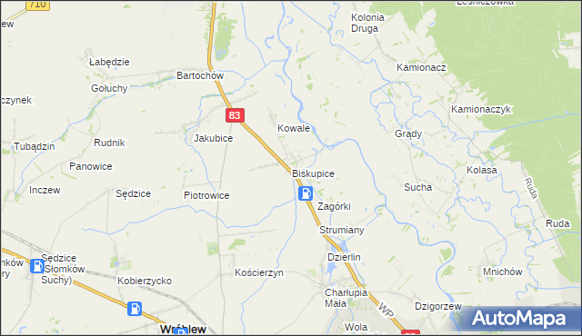 mapa Biskupice gmina Sieradz, Biskupice gmina Sieradz na mapie Targeo